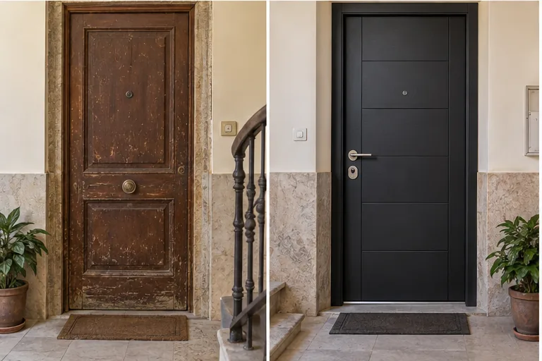 Comparación visual entre una entrada antigua y una puerta de seguridad renovada
