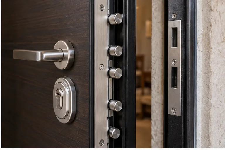Detalle de cerradura multipunto y cerradero de una puerta de seguridad