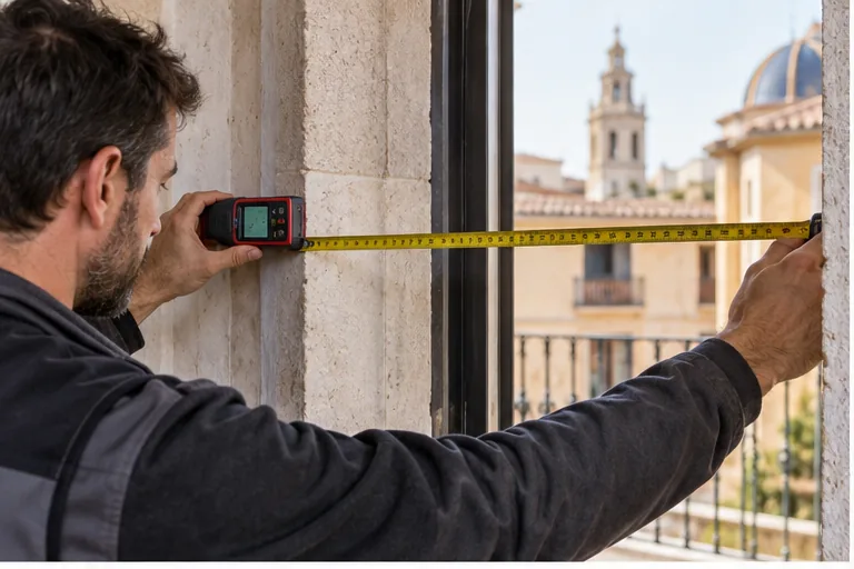Profesional midiendo el hueco de una puerta de entrada