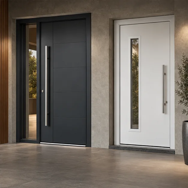 Puertas exteriores de aluminio y PVC en exposición