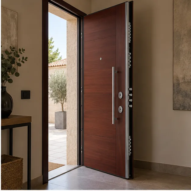 Puerta blindada abierta con cierre multipunto visible