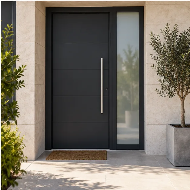 Puerta exterior de aluminio antracita con fijo de vidrio
